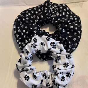 Black and White Paw Print Scrunchies. Black one is a larger style scrunchie.